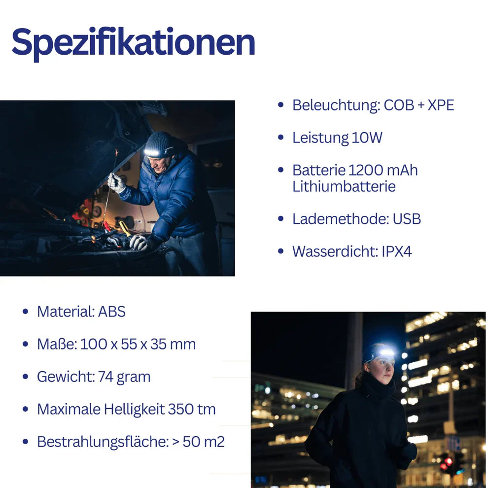 LED Stirnlampe mit Sensorsteuerung & breitem COB-Licht – USB wiederaufladbar, wasserdicht, ideal für Outdoor & Sport