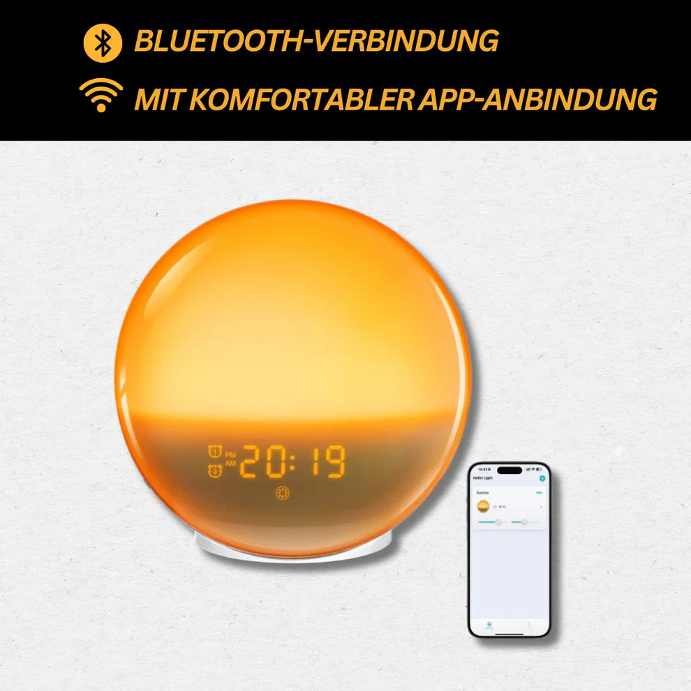 Lichtwecker mit Sonnenaufgang & Sonnenuntergang – Bluetooth, App-Steuerung, Radio & USB-Anschluss
