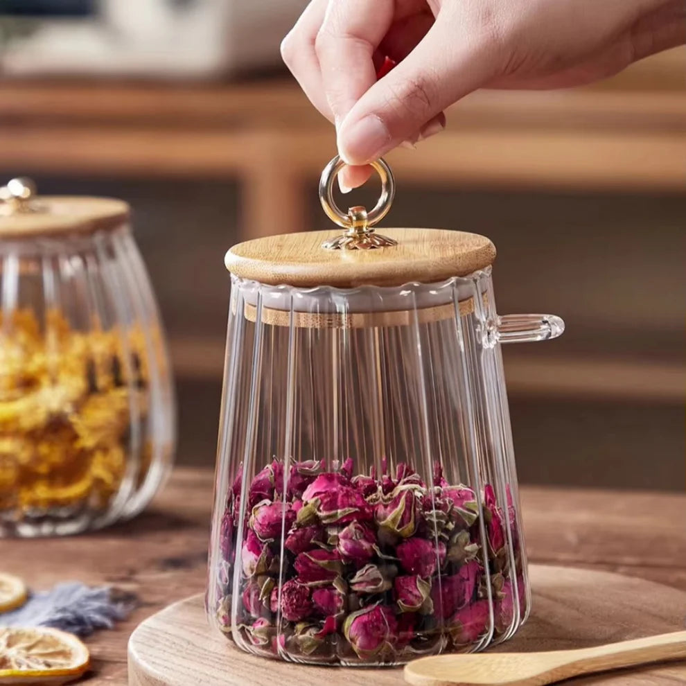 Vorratsglas aus Glas mit Bambusdeckel & Löffel – Luftdichtes Aufbewahrungsglas für Tee, Kaffee, Gewürze & Lebensmittel