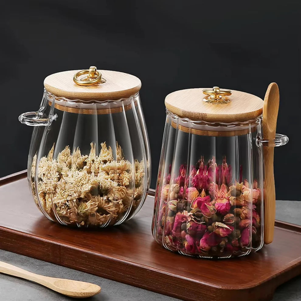 Vorratsglas aus Glas mit Bambusdeckel & Löffel – Luftdichtes Aufbewahrungsglas für Tee, Kaffee, Gewürze & Lebensmittel