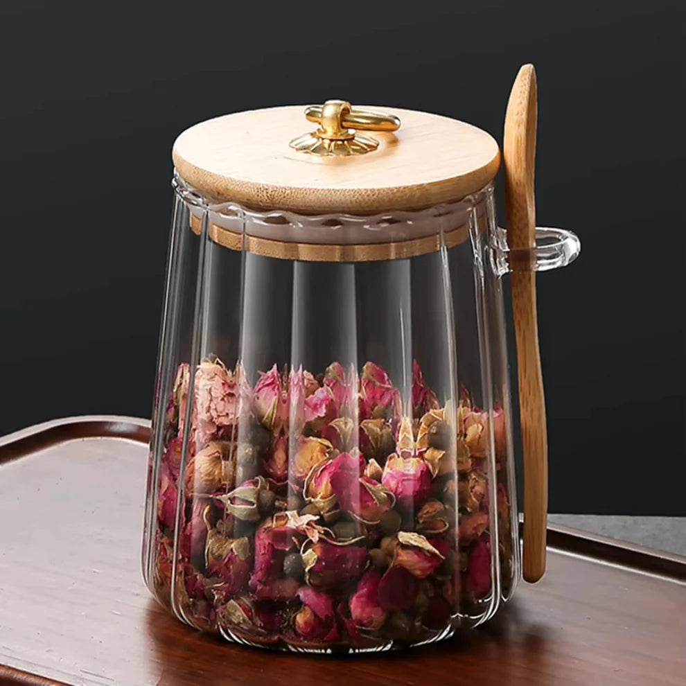Vorratsglas aus Glas mit Bambusdeckel & Löffel – Luftdichtes Aufbewahrungsglas für Tee, Kaffee, Gewürze & Lebensmittel