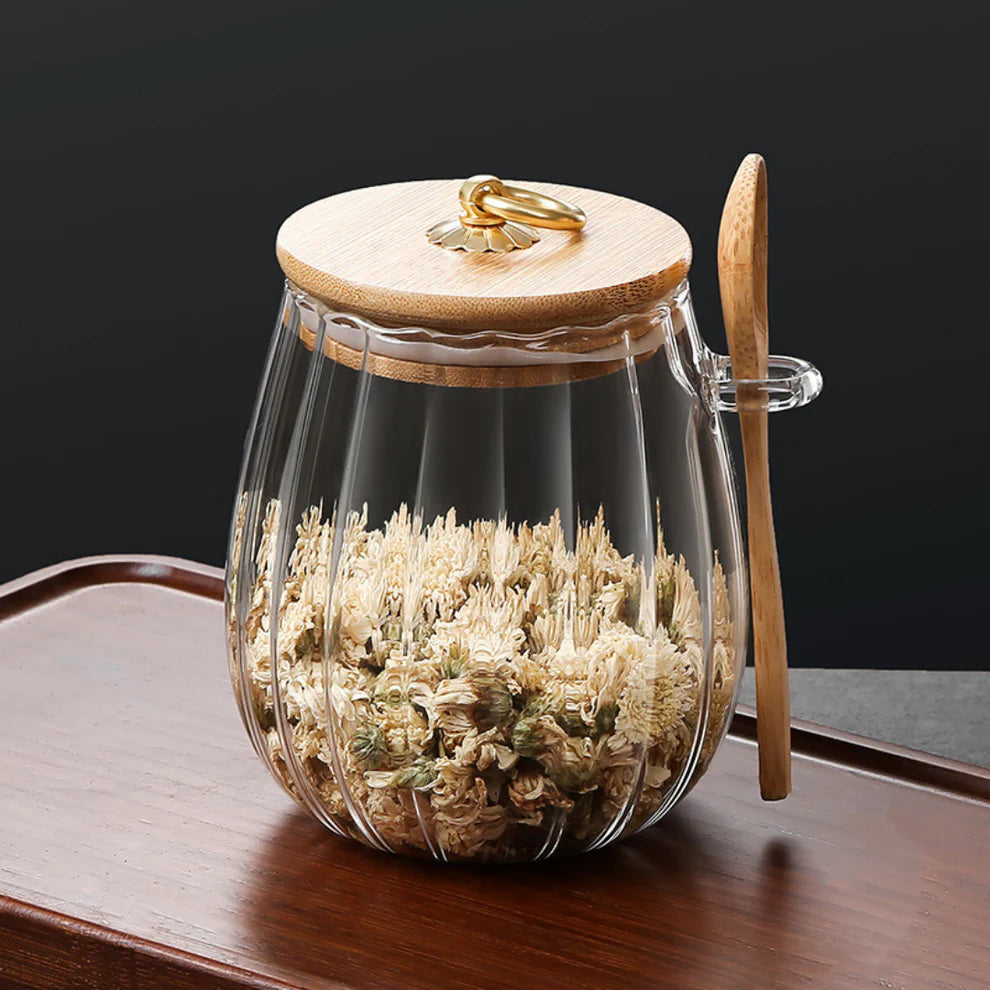 Vorratsglas aus Glas mit Bambusdeckel & Löffel – Luftdichtes Aufbewahrungsglas für Tee, Kaffee, Gewürze & Lebensmittel