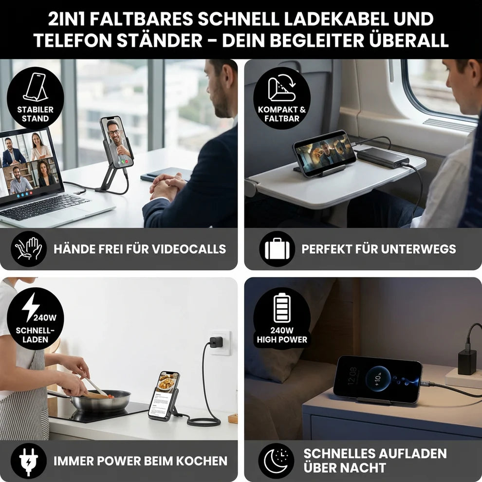 2-in-1 Faltbares USB-C Schnellladekabel mit Handy-Ständer – 240W, kompakt & universell