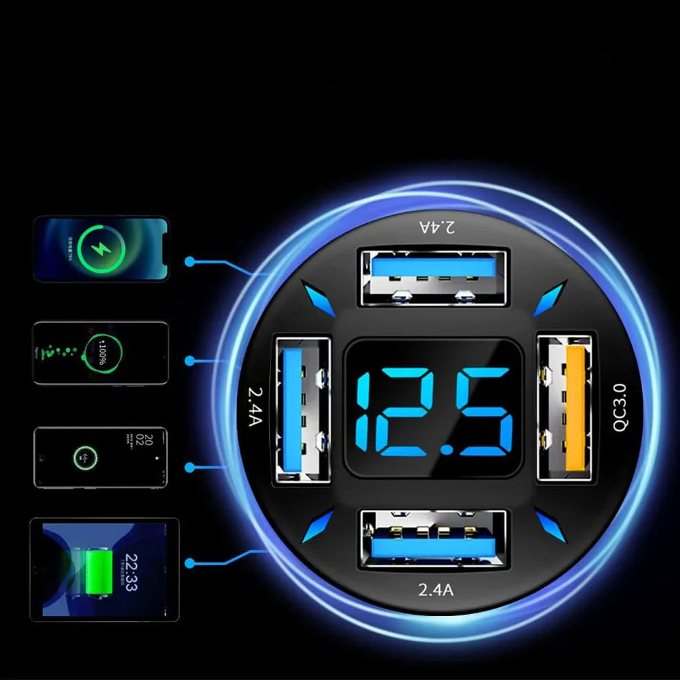 4-Port USB Auto Ladegerät mit Schnellladefunktion & LED-Anzeige