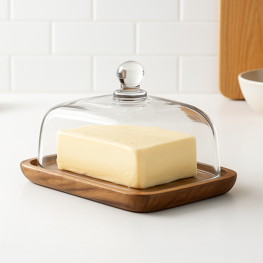Butterdose mit Glasdeckel und Holzunterteil – elegante Aufbewahrung für Butter und Aufstriche