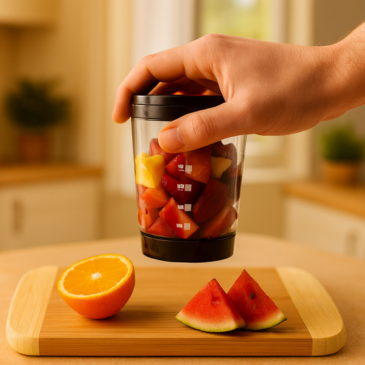 3-in-1 Gemüseschneider mit Messbecher – 300 ml & 3 Einsätze