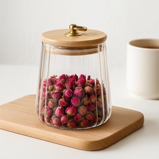 Vorratsglas aus Glas mit Bambusdeckel & Löffel – Luftdichtes Aufbewahrungsglas für Tee, Kaffee, Gewürze & Lebensmittel