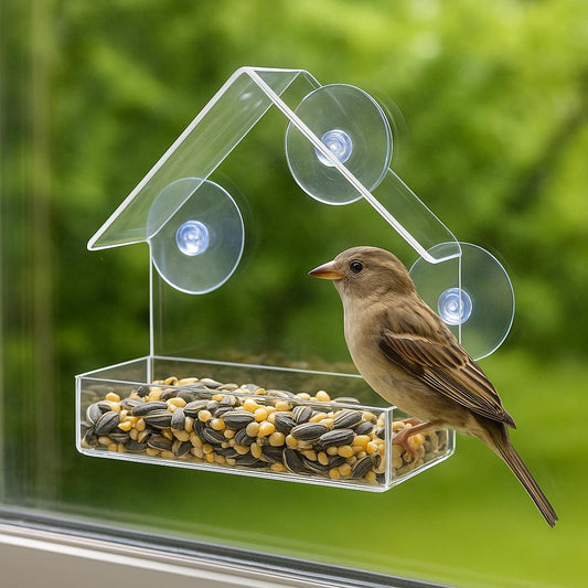 Transparentes Vogelhaus mit Saugnäpfen – Natur hautnah erleben am Fenster