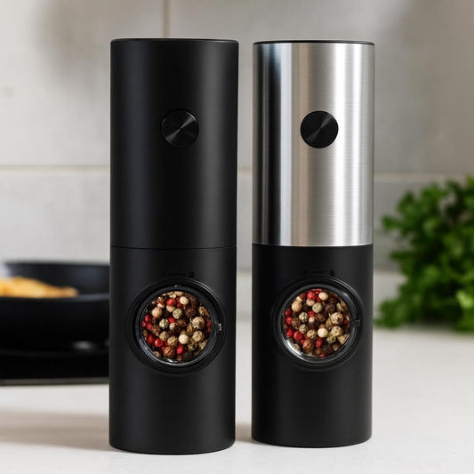 Elektrische Salz- und Pfeffermühle mit einstellbarem Mahlgrad & LED-Licht – Batteriebetriebenes Gewürzmahlwerk aus Edelstahl