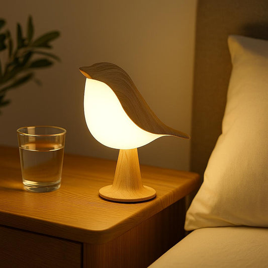LED Nachtlicht im Vogel-Design – dekorative Tischlampe in Holz-, Marmor- & Metalloptik