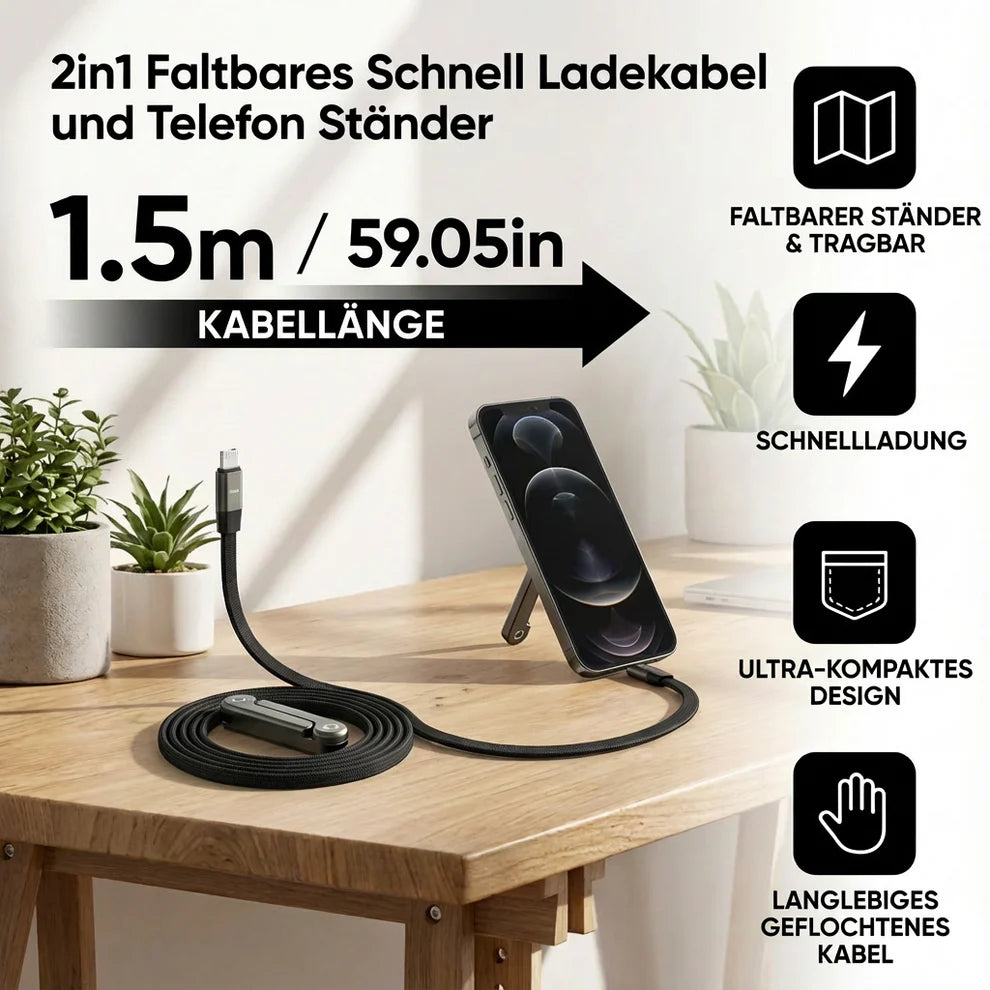 2-in-1 Faltbares USB-C Schnellladekabel mit Handy-Ständer – 240W, kompakt & universell
