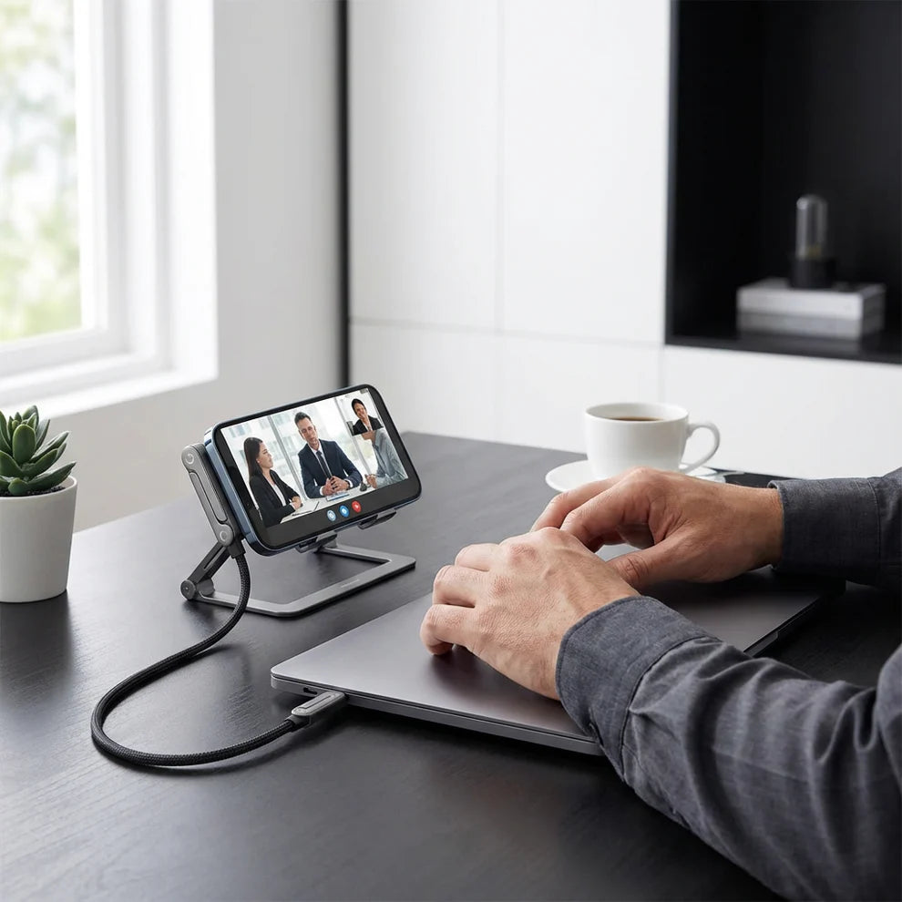 2-in-1 Faltbares USB-C Schnellladekabel mit Handy-Ständer – 240W, kompakt & universell