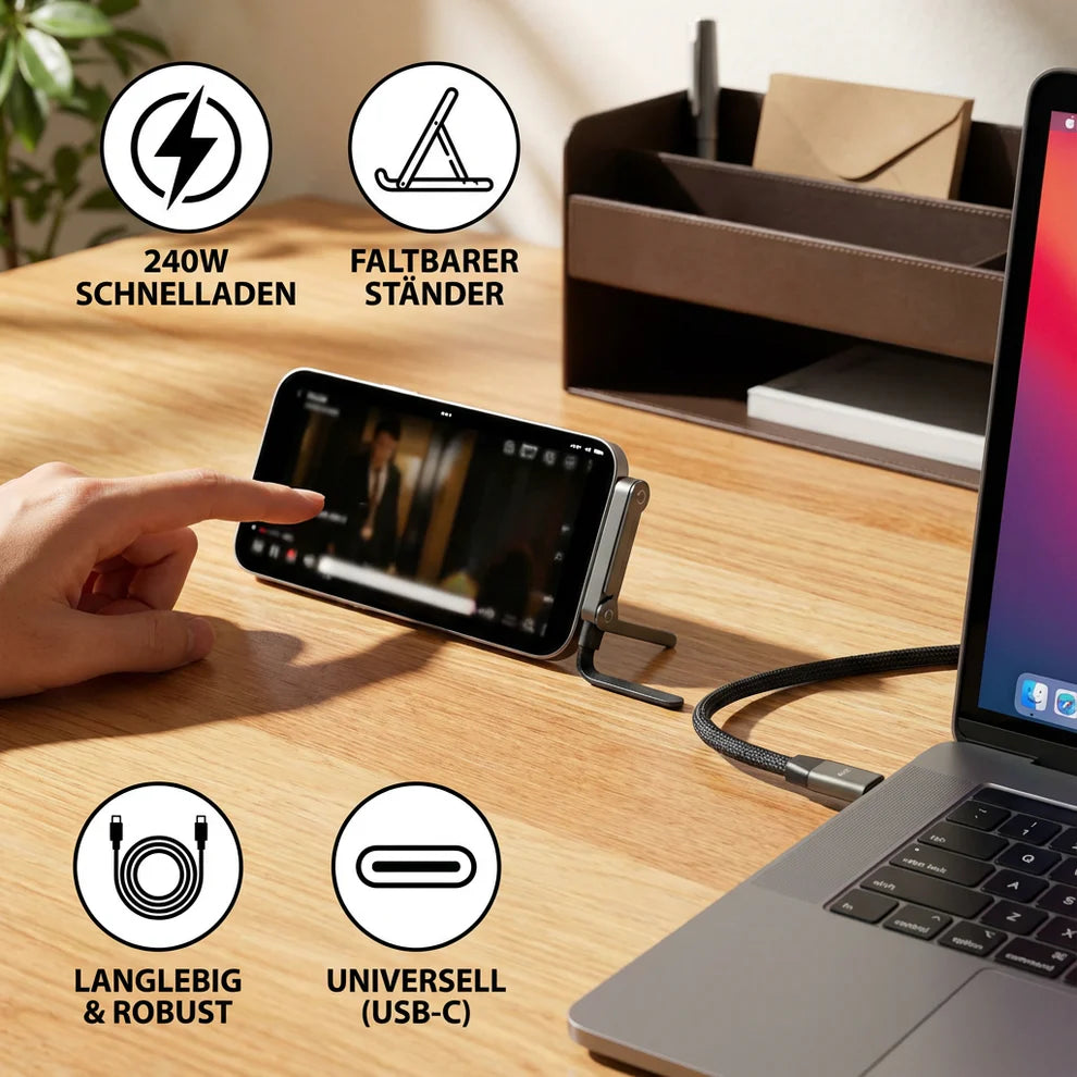 2-in-1 Faltbares USB-C Schnellladekabel mit Handy-Ständer – 240W, kompakt & universell
