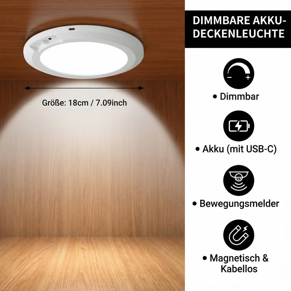 Dimmbare Akku-Deckenleuchte mit Bewegungsmelder – magnetisch, kabellos & USB-C wiederaufladbar