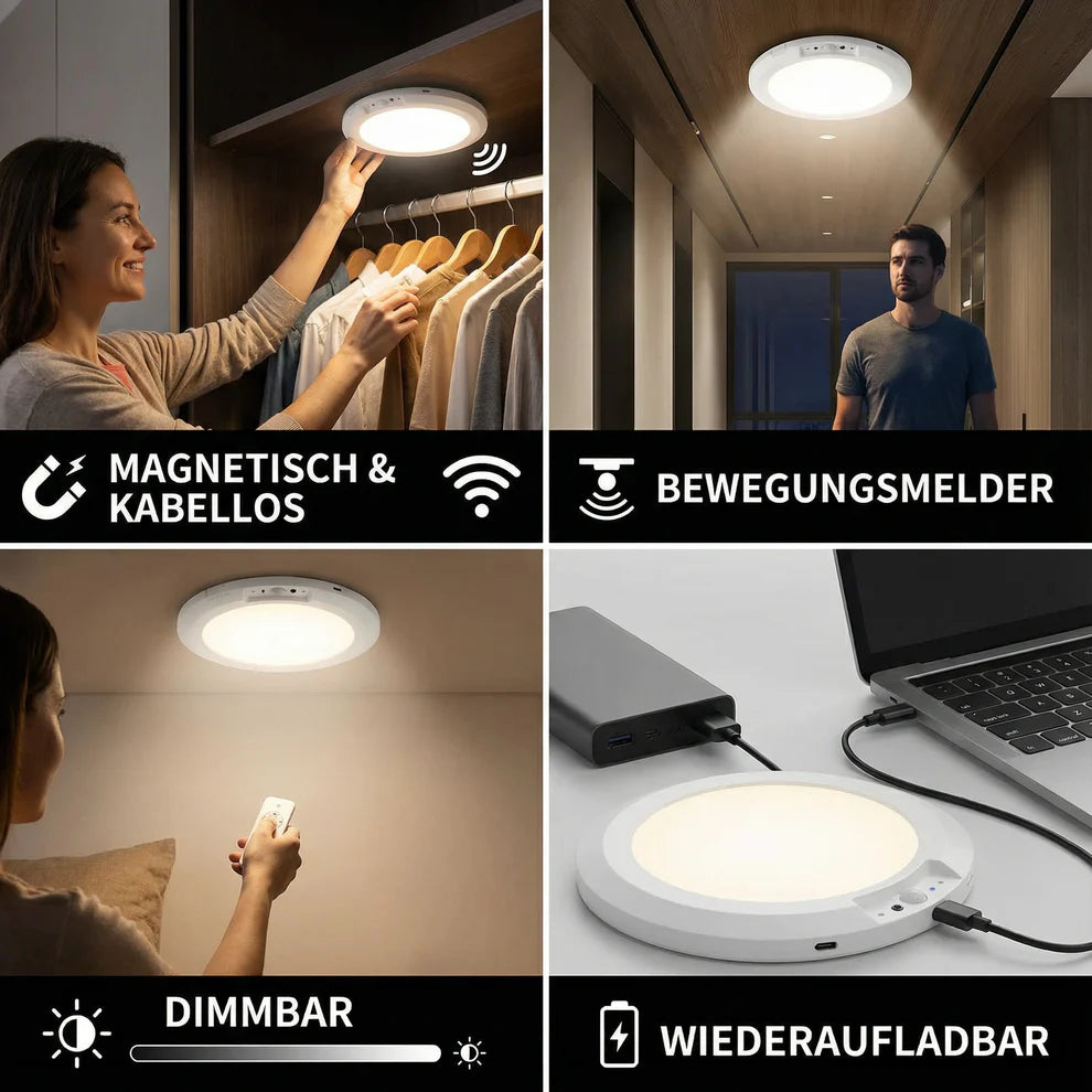 Dimmbare Akku-Deckenleuchte mit Bewegungsmelder – magnetisch, kabellos & USB-C wiederaufladbar