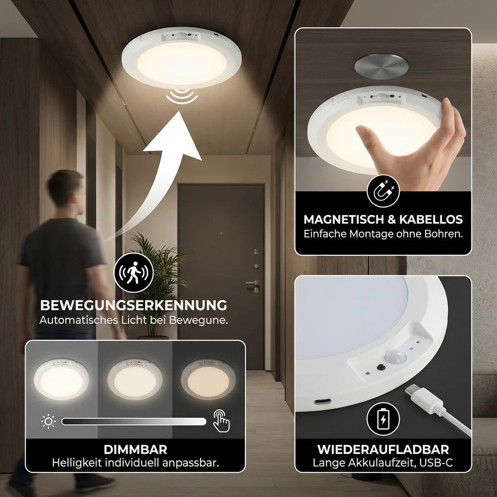 Dimmbare Akku-Deckenleuchte mit Bewegungsmelder – magnetisch, kabellos & USB-C wiederaufladbar