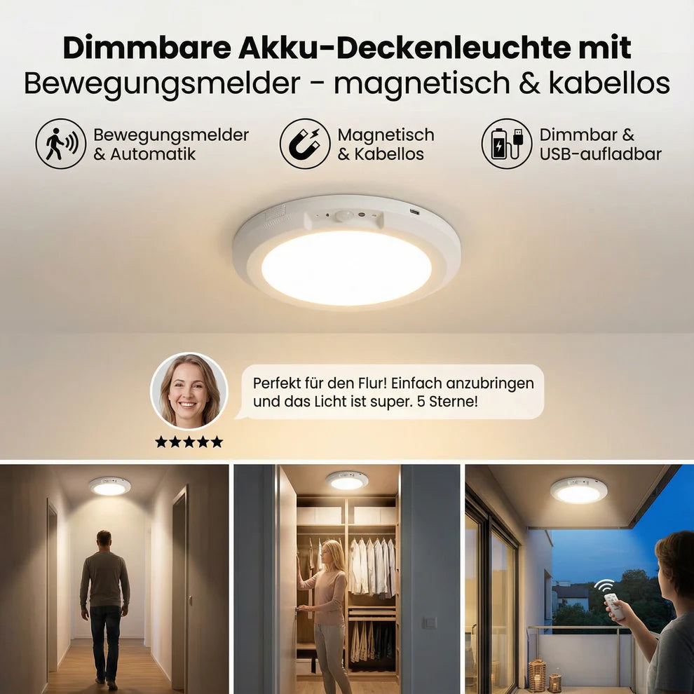 Dimmbare Akku-Deckenleuchte mit Bewegungsmelder – magnetisch, kabellos & USB-C wiederaufladbar